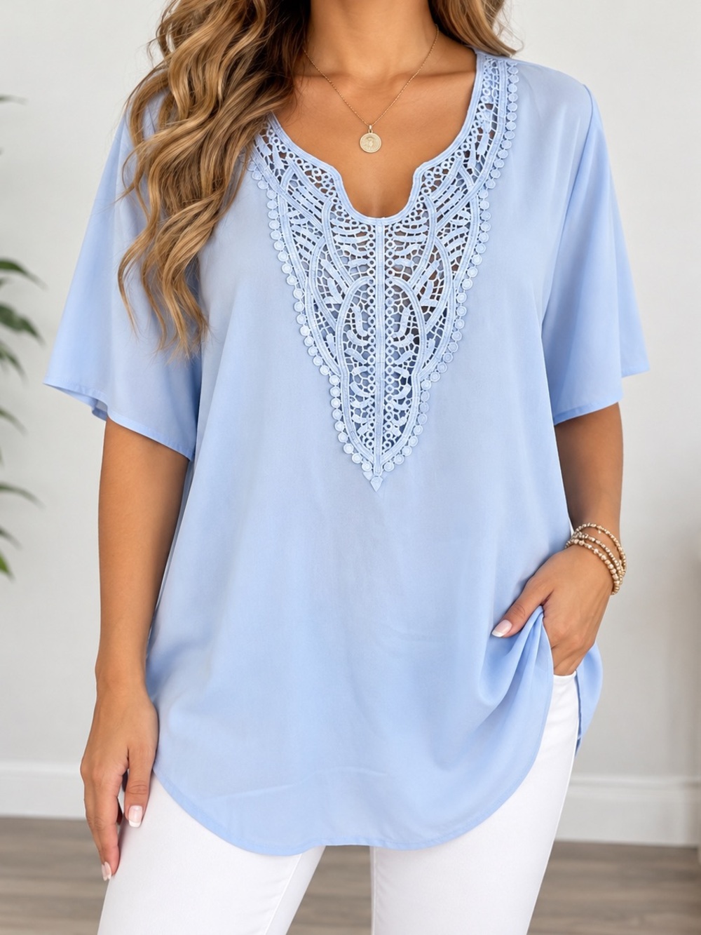 Light Blue Lace Detail Tunic Top – Short Sleeve – Size 2X